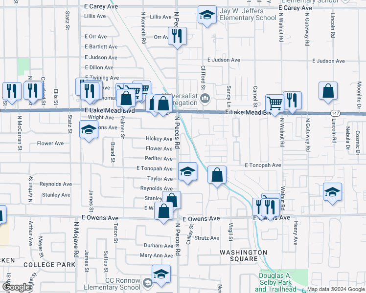 map of restaurants, bars, coffee shops, grocery stores, and more near 1830 North Pecos Road in Las Vegas
