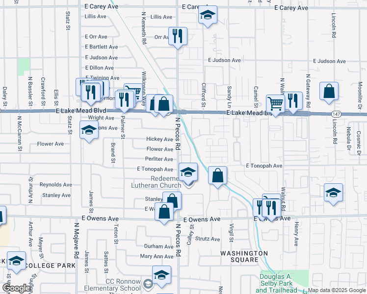 map of restaurants, bars, coffee shops, grocery stores, and more near 1830 North Pecos Road in Las Vegas