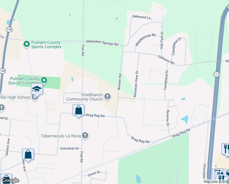 map of restaurants, bars, coffee shops, grocery stores, and more near 2312 Bowser Road in Cookeville