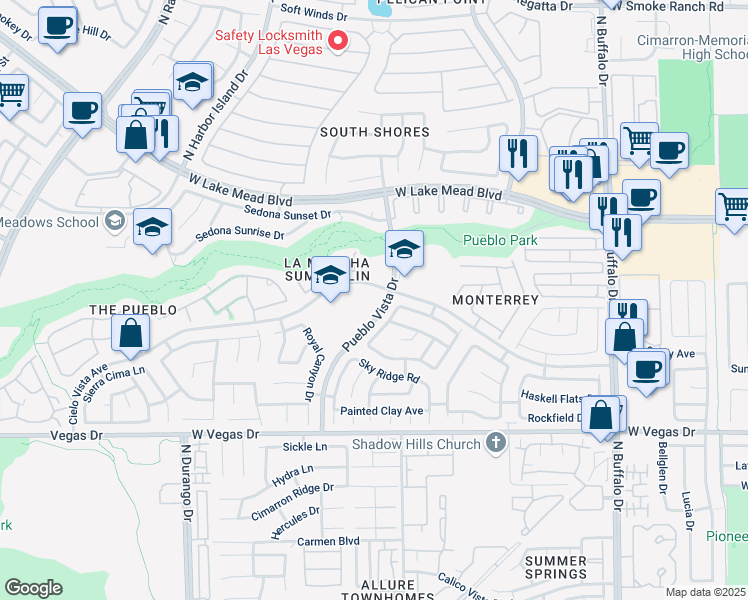 map of restaurants, bars, coffee shops, grocery stores, and more near 1811 Pueblo Vista Drive in Las Vegas