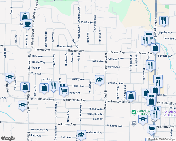 map of restaurants, bars, coffee shops, grocery stores, and more near 1702 Lawrence Avenue in Springdale