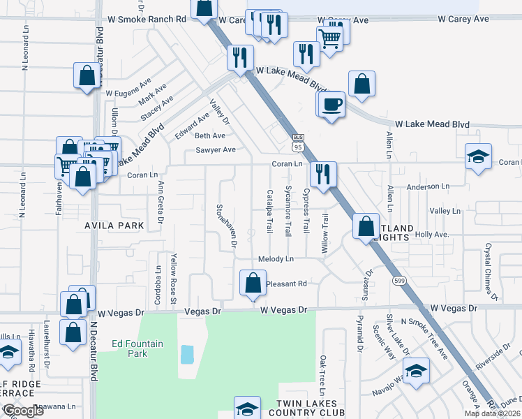 map of restaurants, bars, coffee shops, grocery stores, and more near 1887 Catalpa Trail in Las Vegas