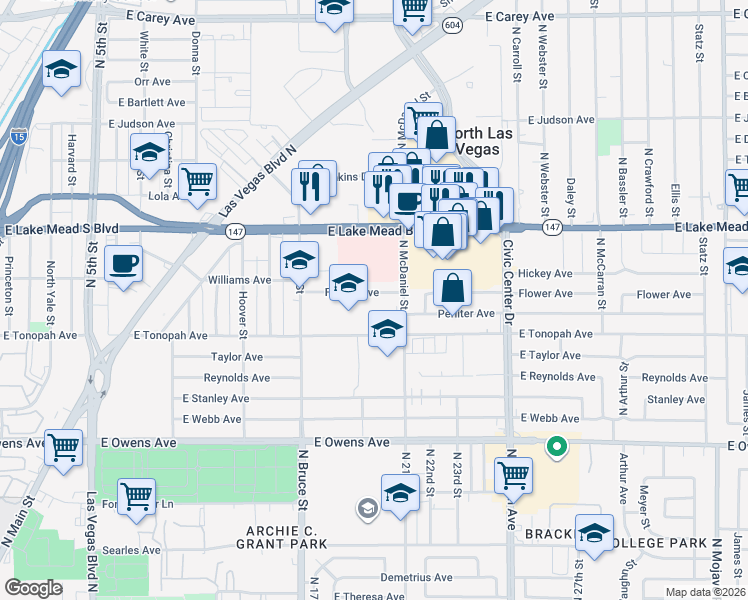 map of restaurants, bars, coffee shops, grocery stores, and more near 1617 Flower Avenue in North Las Vegas
