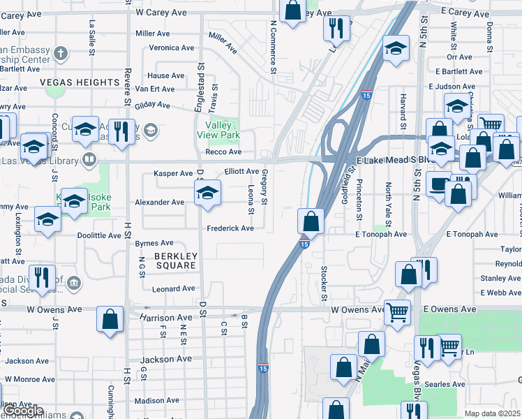 map of restaurants, bars, coffee shops, grocery stores, and more near 1917 Gregory Street in Las Vegas