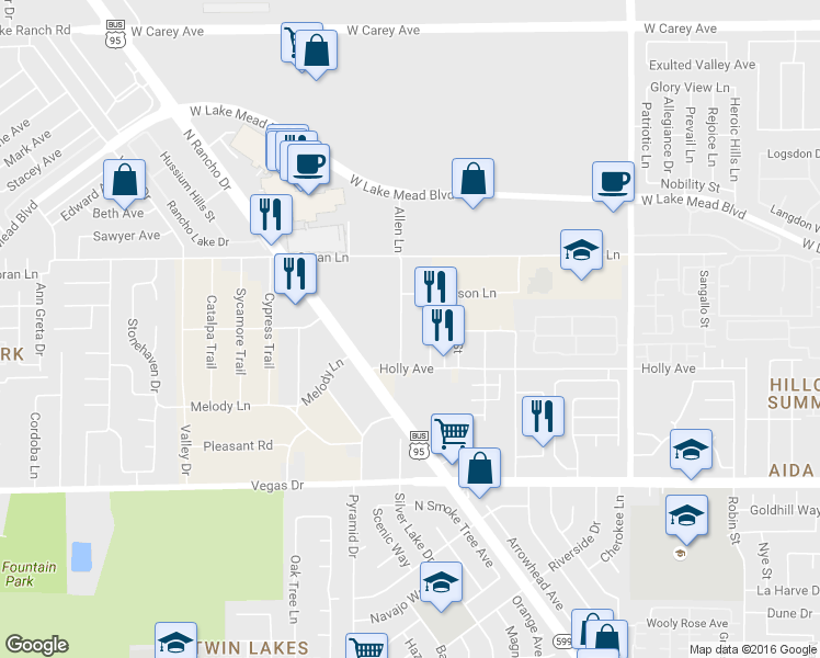 map of restaurants, bars, coffee shops, grocery stores, and more near 1928 Allen Lane in Las Vegas