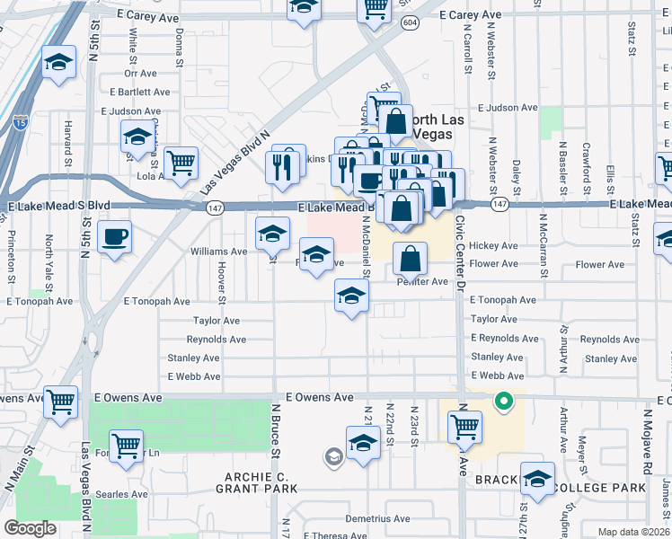map of restaurants, bars, coffee shops, grocery stores, and more near 1615 Flower Avenue in North Las Vegas