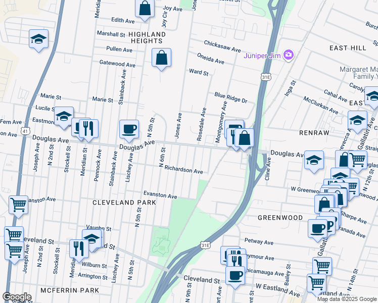 map of restaurants, bars, coffee shops, grocery stores, and more near 1216 North 8th Street in Nashville