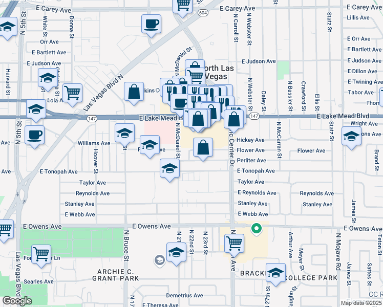 map of restaurants, bars, coffee shops, grocery stores, and more near 2117 Flower Avenue in North Las Vegas
