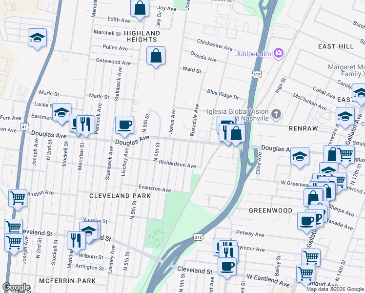 map of restaurants, bars, coffee shops, grocery stores, and more near 1216 North 8th Street in Nashville