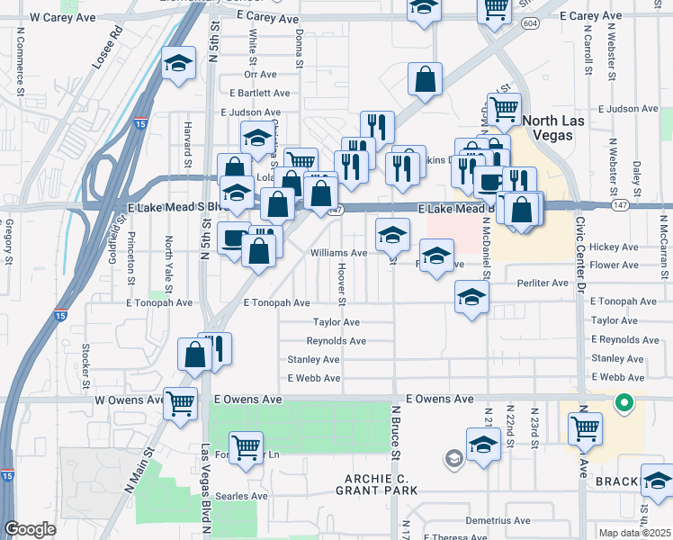 map of restaurants, bars, coffee shops, grocery stores, and more near 1833 Hoover Street in North Las Vegas
