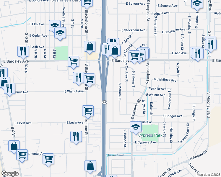 map of restaurants, bars, coffee shops, grocery stores, and more near 1357 South Spruce Street in Tulare