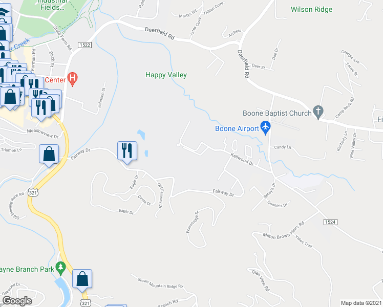 map of restaurants, bars, coffee shops, grocery stores, and more near 199 Juniper Dr in Boone
