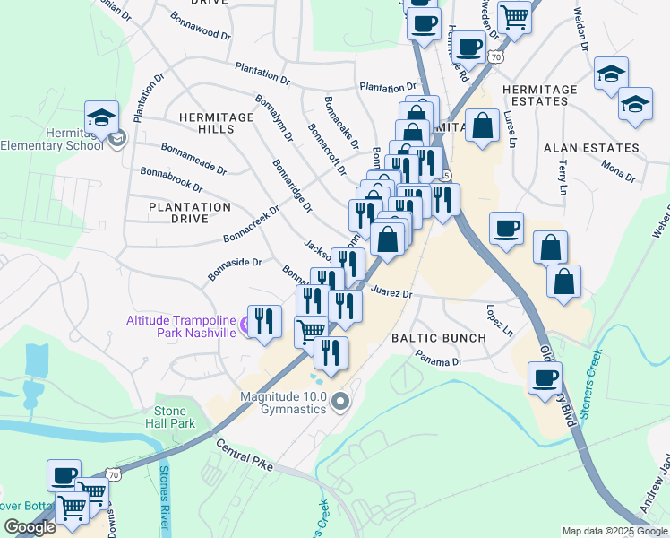 map of restaurants, bars, coffee shops, grocery stores, and more near 328 Jacksonian Drive in Nashville