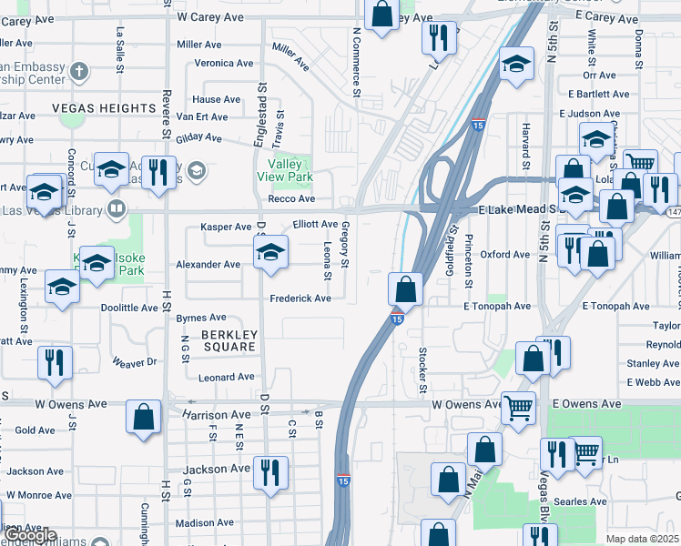 map of restaurants, bars, coffee shops, grocery stores, and more near 1917 Gregory Street in Las Vegas