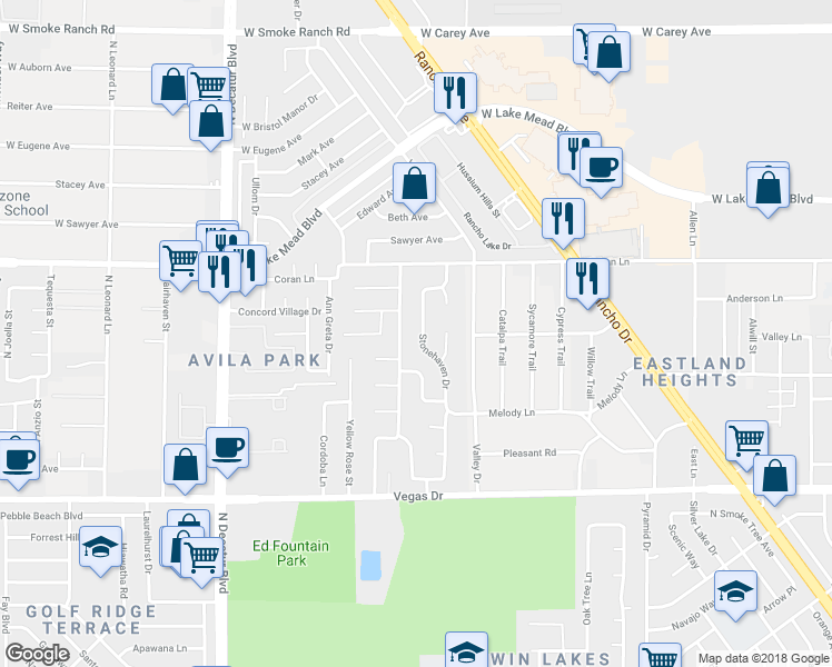 map of restaurants, bars, coffee shops, grocery stores, and more near 1821 Stonehaven Drive in Las Vegas