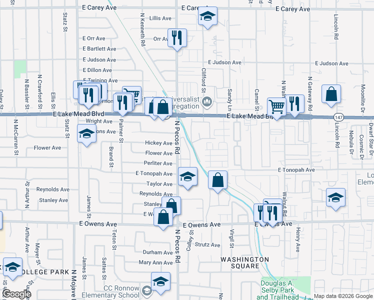 map of restaurants, bars, coffee shops, grocery stores, and more near 1830 North Pecos Road in Las Vegas