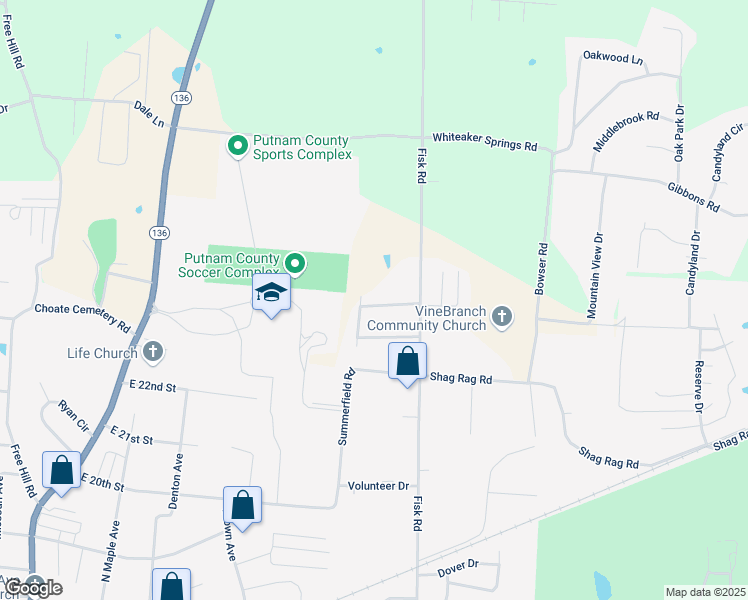 map of restaurants, bars, coffee shops, grocery stores, and more near 957 Indian Hills Road in Cookeville