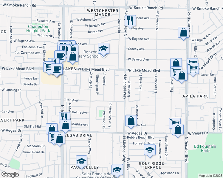 map of restaurants, bars, coffee shops, grocery stores, and more near 1890 North Shadow Mountain Place in Las Vegas