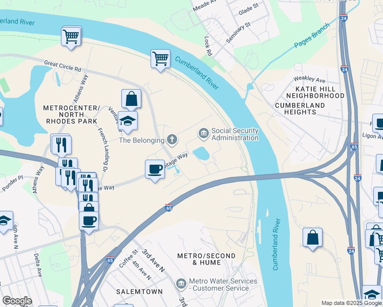 map of restaurants, bars, coffee shops, grocery stores, and more near 275 Cumberland Bend in Nashville