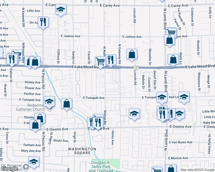 map of restaurants, bars, coffee shops, grocery stores, and more near 1950 North Walnut Road in Las Vegas
