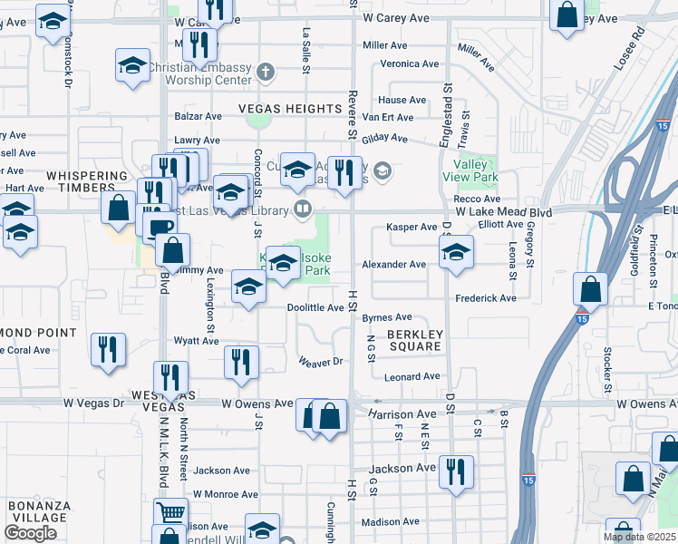 map of restaurants, bars, coffee shops, grocery stores, and more near 1933 H Street in Las Vegas