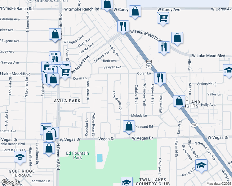map of restaurants, bars, coffee shops, grocery stores, and more near 1821 Stonehaven Drive in Las Vegas