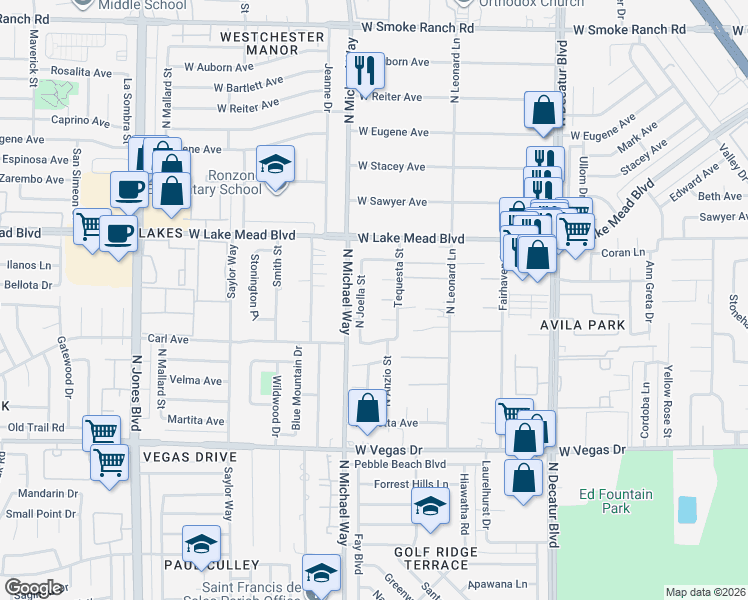 map of restaurants, bars, coffee shops, grocery stores, and more near 5308 West Magenta Court in Las Vegas