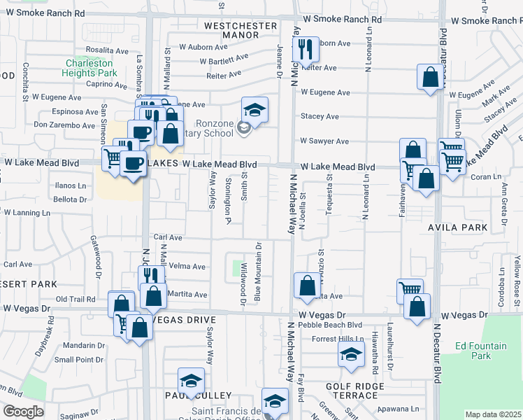 map of restaurants, bars, coffee shops, grocery stores, and more near 1890 North Shadow Mountain Place in Las Vegas