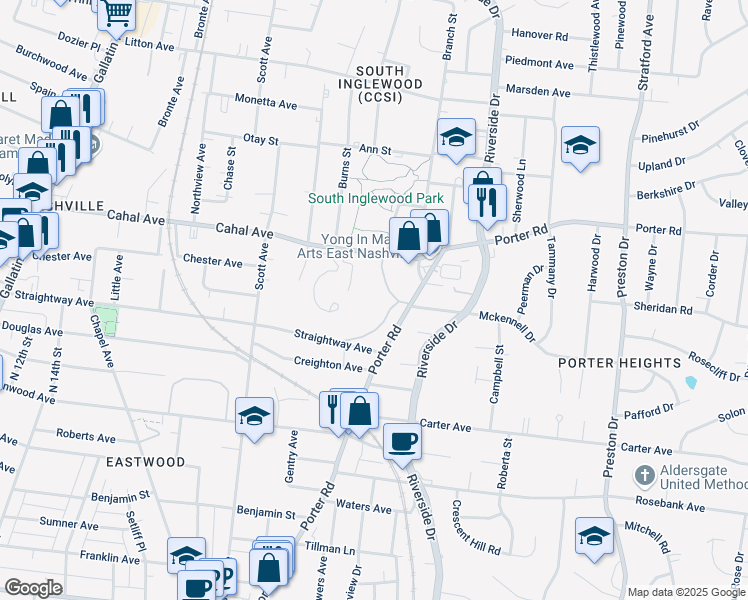 map of restaurants, bars, coffee shops, grocery stores, and more near 1500 Porter Road in Nashville