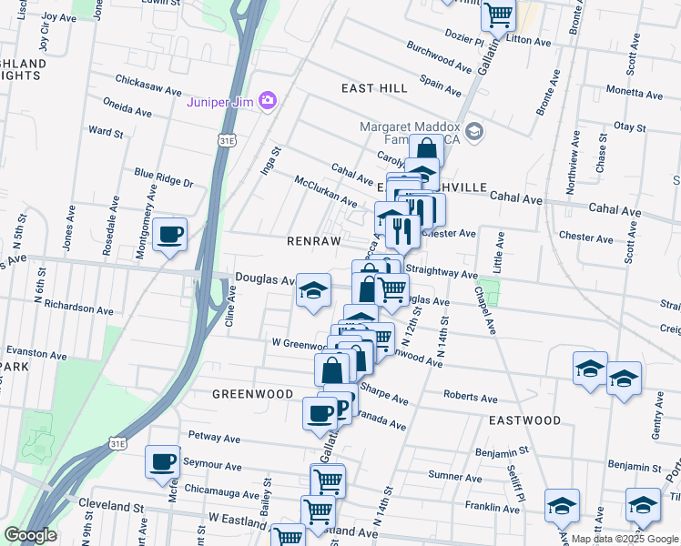 map of restaurants, bars, coffee shops, grocery stores, and more near 1003 Trevecca Avenue in Nashville