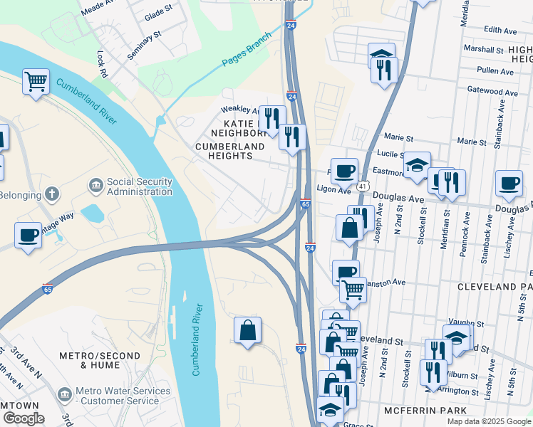 map of restaurants, bars, coffee shops, grocery stores, and more near 1106 Baptist World Center Drive in Nashville