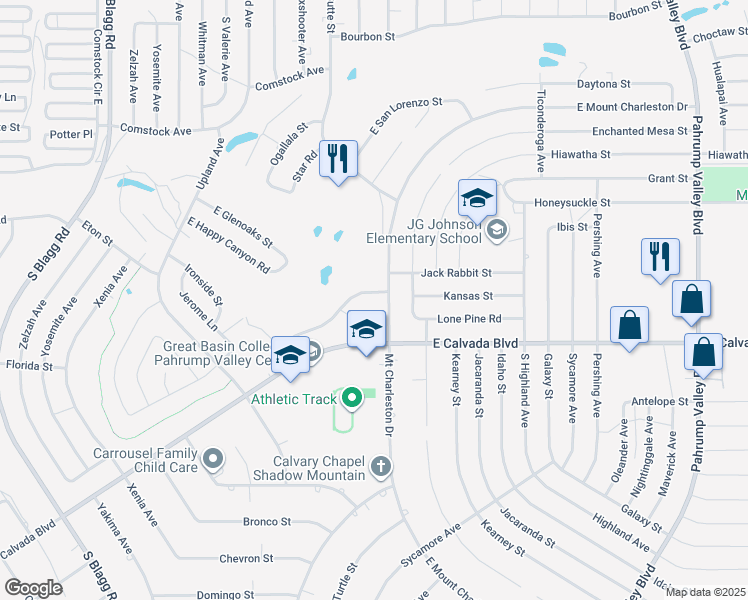 map of restaurants, bars, coffee shops, grocery stores, and more near 581 East Bellville Road in Pahrump