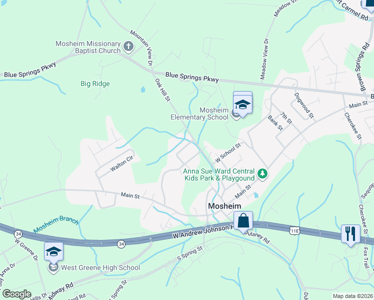 map of restaurants, bars, coffee shops, grocery stores, and more near 75 Ridgeview Dr in Mosheim