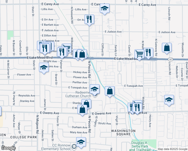 map of restaurants, bars, coffee shops, grocery stores, and more near 1830 North Pecos Road in Las Vegas