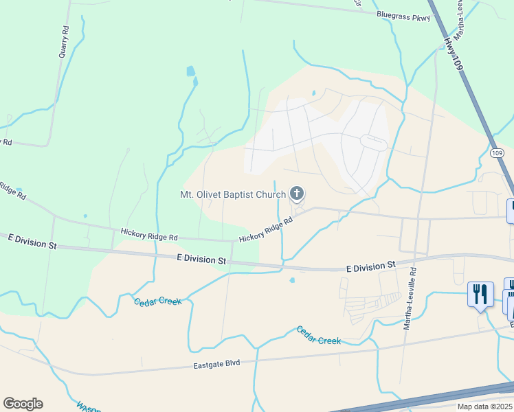map of restaurants, bars, coffee shops, grocery stores, and more near 7587 Hickory Ridge Road in Mt. Juliet