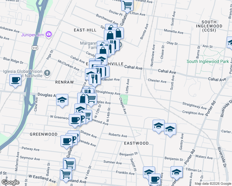 map of restaurants, bars, coffee shops, grocery stores, and more near 1409 Straightway Avenue in Nashville
