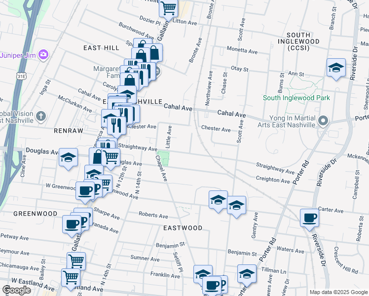 map of restaurants, bars, coffee shops, grocery stores, and more near 1525C Straightway Avenue in Nashville