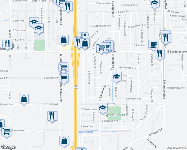 map of restaurants, bars, coffee shops, grocery stores, and more near 1383 South Cardoza Street in Tulare