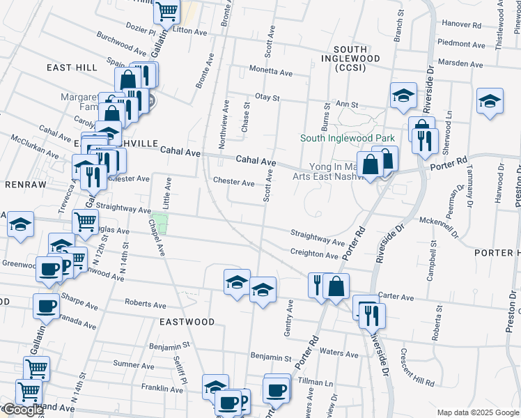 map of restaurants, bars, coffee shops, grocery stores, and more near 1914 Scott Avenue in Nashville