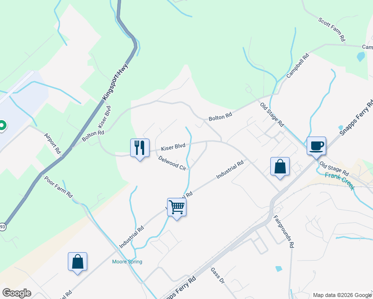 map of restaurants, bars, coffee shops, grocery stores, and more near 1024 Kiser Boulevard in Greeneville