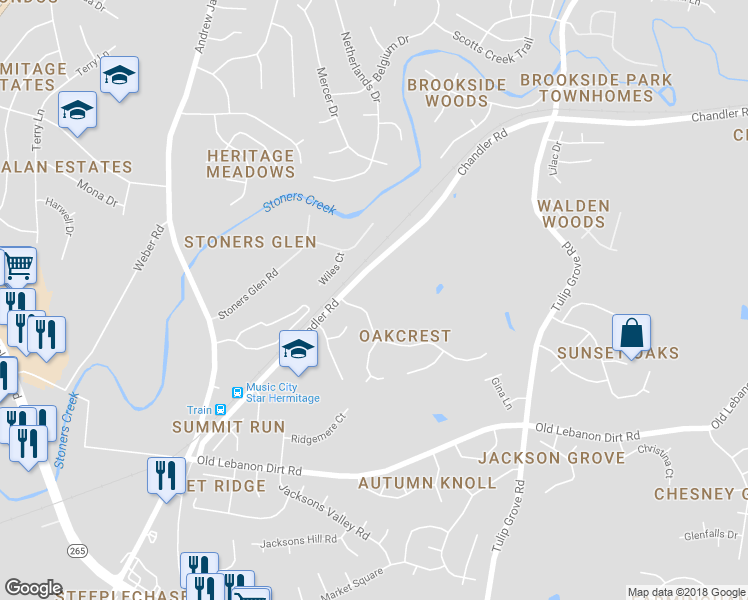 map of restaurants, bars, coffee shops, grocery stores, and more near 4451 Chandler Road in Nashville