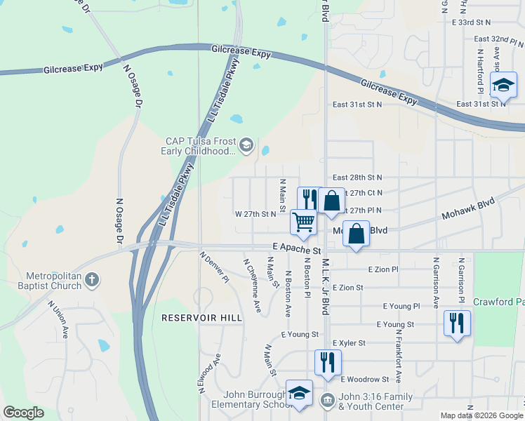 map of restaurants, bars, coffee shops, grocery stores, and more near 2707 North Boulder Avenue in Tulsa