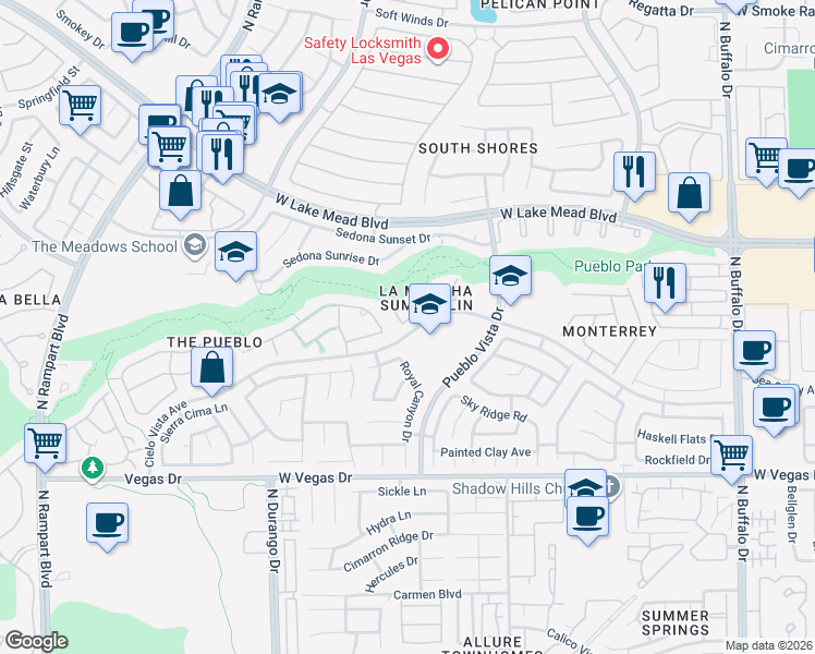 map of restaurants, bars, coffee shops, grocery stores, and more near 8205 Spanish Peak Drive in Las Vegas
