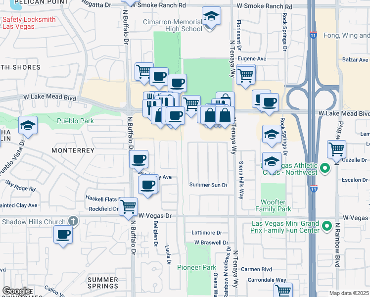 map of restaurants, bars, coffee shops, grocery stores, and more near 1901 Navajo Lake Way in Las Vegas