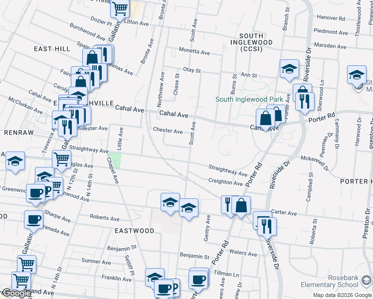 map of restaurants, bars, coffee shops, grocery stores, and more near 1914 Scott Avenue in Nashville