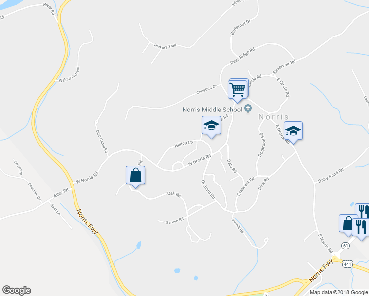 map of restaurants, bars, coffee shops, grocery stores, and more near 121 Hilltop Lane in Norris