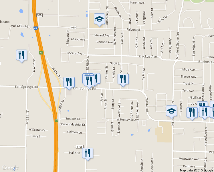 map of restaurants, bars, coffee shops, grocery stores, and more near 3732 Elm Springs Road in Springdale