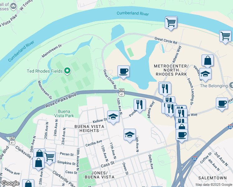 map of restaurants, bars, coffee shops, grocery stores, and more near 2277-2299 Rosa L Parks Blvd in Nashville