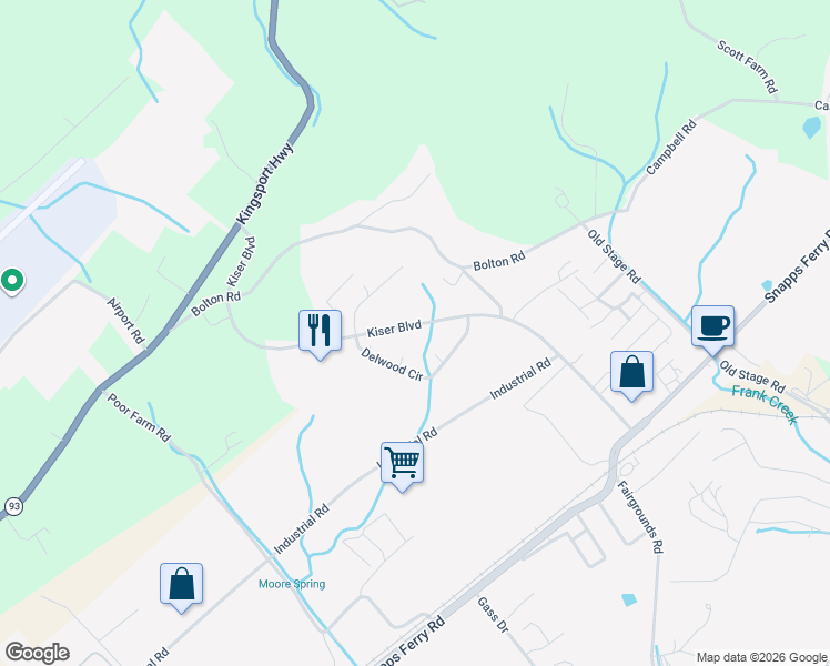 map of restaurants, bars, coffee shops, grocery stores, and more near 1024 Kiser Boulevard in Greeneville