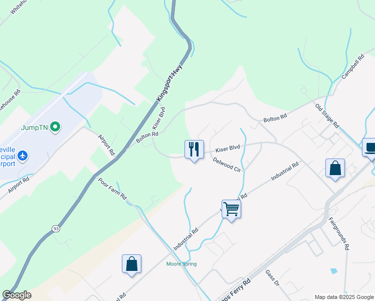 map of restaurants, bars, coffee shops, grocery stores, and more near 651 Kiser Boulevard in Greeneville